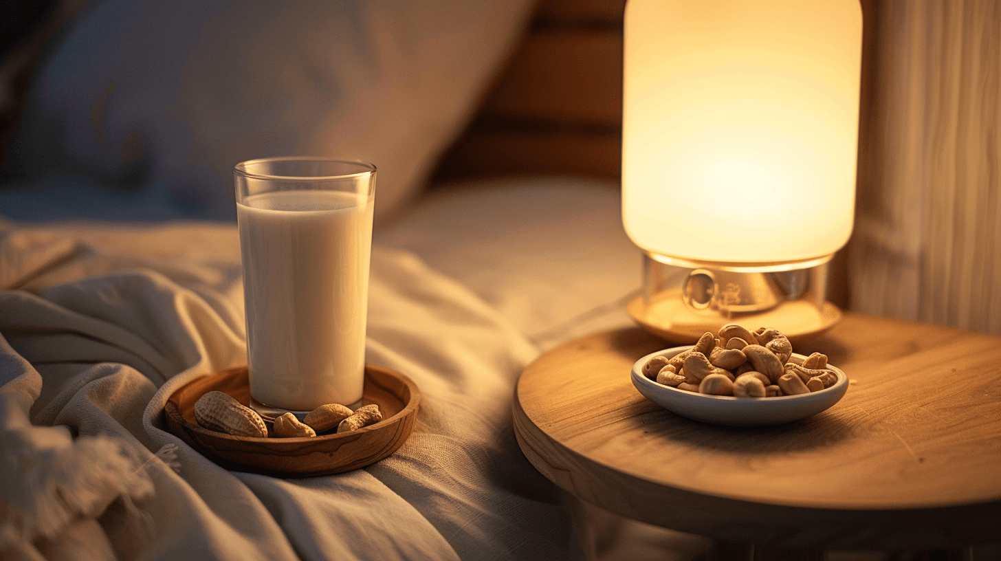 Lasi lämmintä maitoa yöpöydällä cashewpähkinöiden vieressä skandinaavisessa makuuhuoneessa