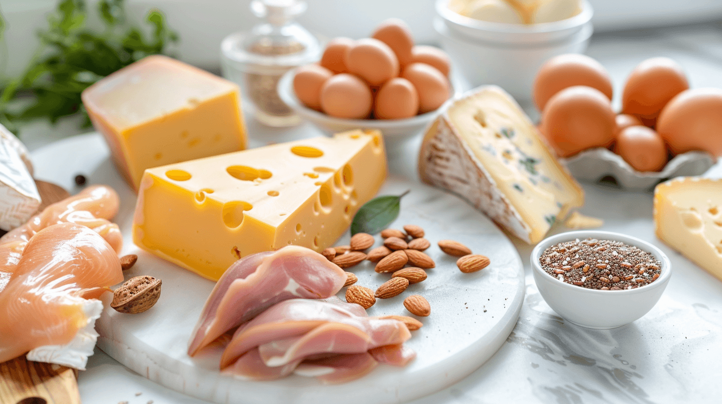 Tryptofaanipitoiset ruoat marmoripinnalla: juusto, mantelit, kalkkunaviipale ja kananmunat