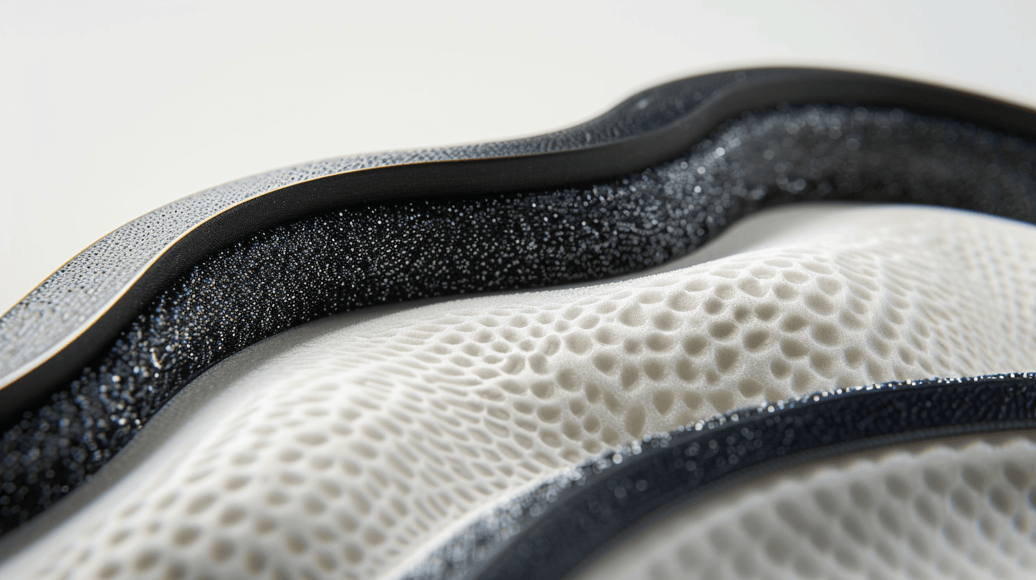 3D unimaskien silmäkupin rakenne lähikuvassa, memory foam kerrokset näkyvissä