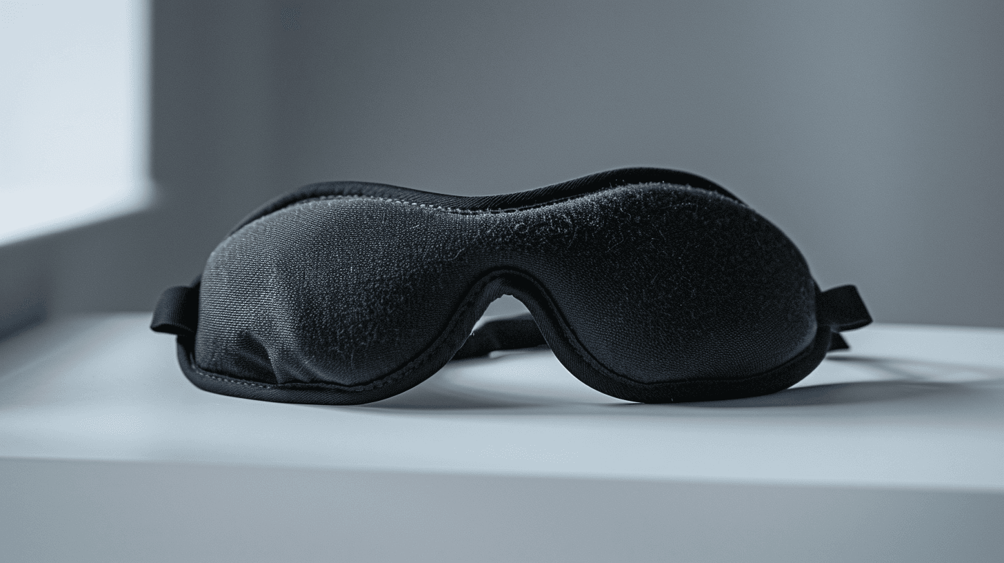 Nainen herää aamulla energisenä ja hymyilee, ottaa 3D unimaskia pois