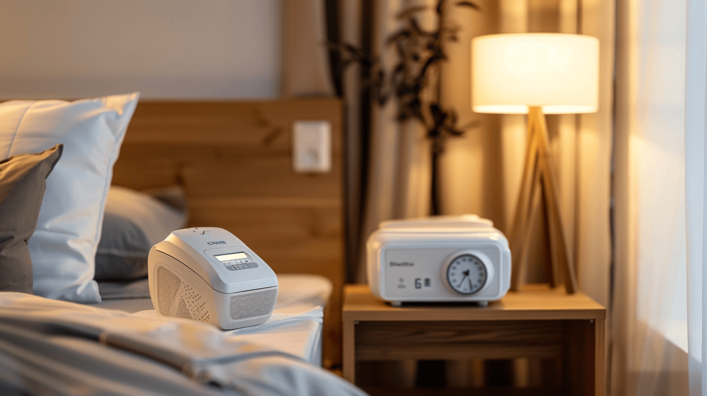 Moderni CPAP-laite yöpöydällä herätyskello vieressään skandinaavisessa makuuhuoneessa