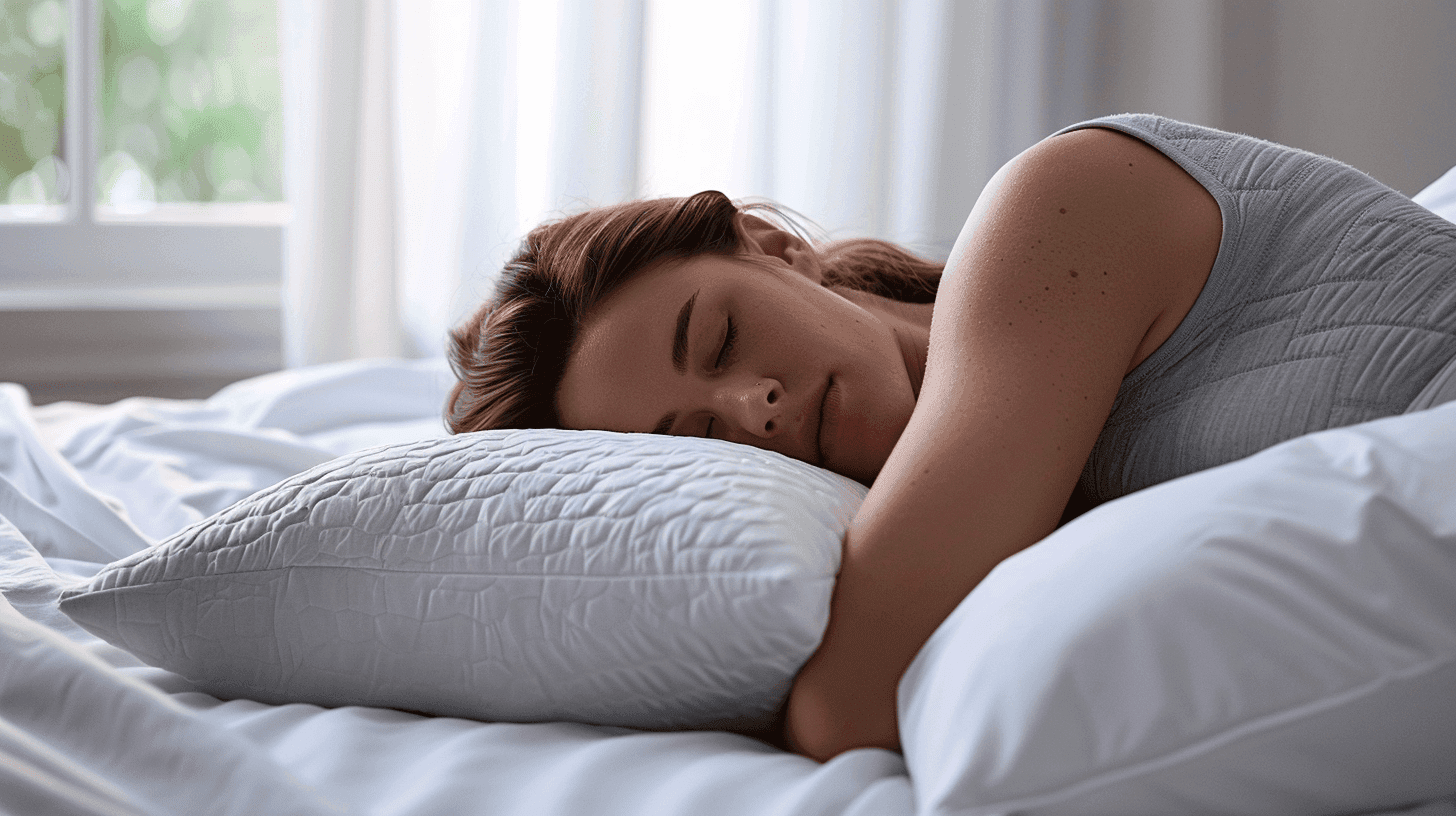 Henkilö nukkuu kylkiasennossa ergonomisella memory foam -tyynyllä, selkäranka suorassa