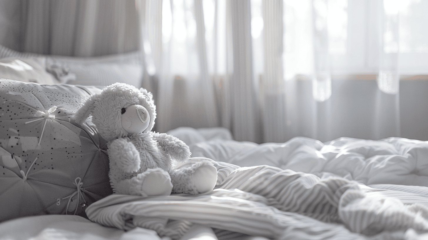Lapsen sänky, jossa näkyy peitto ja tyyny vaaleassa lastenhuoneessa