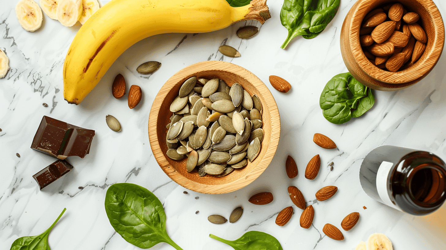 Magnesium-rikkaat ruoat uneen: mantelit, kurpitsansiemenet, tumma suklaa, pinaatti