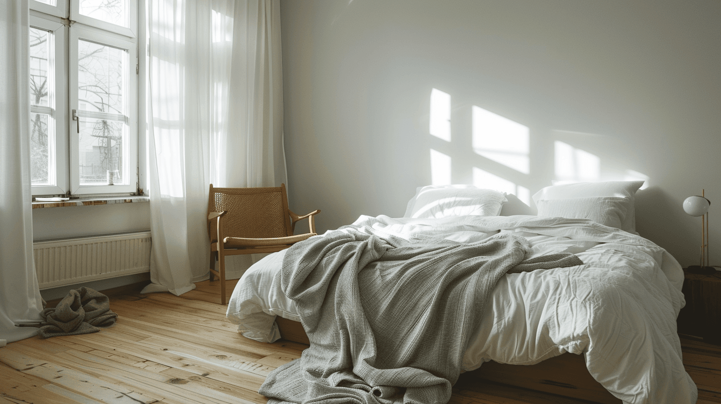 Minimalistinen makuuhuone painopeitolla sängyllä ja painoviltti nojatuolissa ikkunan vieressä