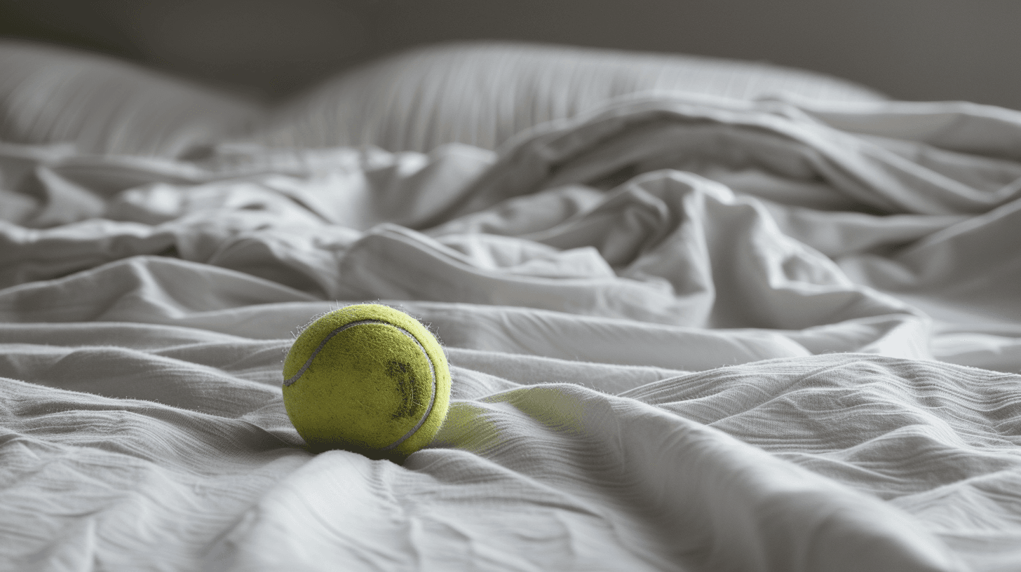 Tennispallo kiinnitettynä yöpaidan selkään kuorsauksen estämiseksi