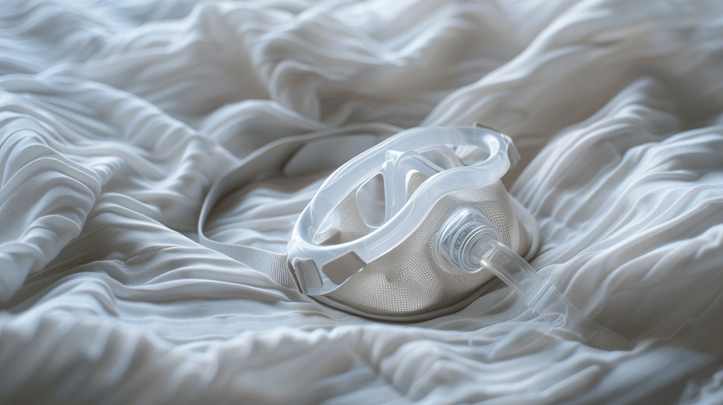 CPAP-nenämaski lähikuvassa valkoisella lakanalla